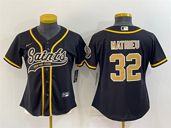 Women New Orleans Saints 32 Tyrann Mathieu Black With Patch Cool Base Stitched Baseball Jersey