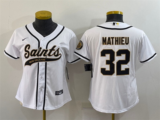 Women New Orleans Saints 32 Tyrann Mathieu White With Patch Cool Base Stitched Baseball Jersey