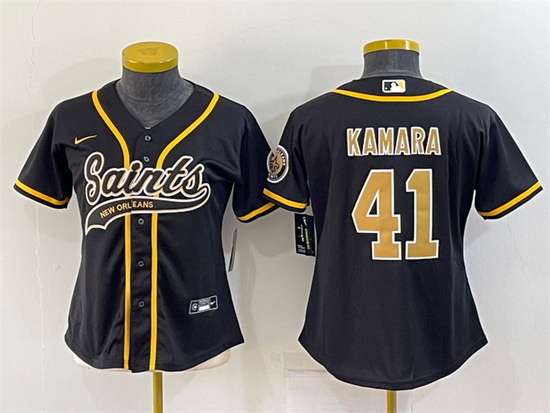 Women New Orleans Saints 41 Alvin Kamara Black With Patch Cool Base Stitched Baseball Jersey