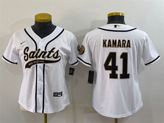 Women New Orleans Saints 41 Alvin Kamara White With Patch Cool Base Stitched Baseball Jersey