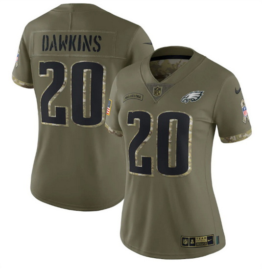 Women Philadelphia Eagles 20 Brian Dawkins Olive 2022 Salute To Service Limited Stitched Jersey