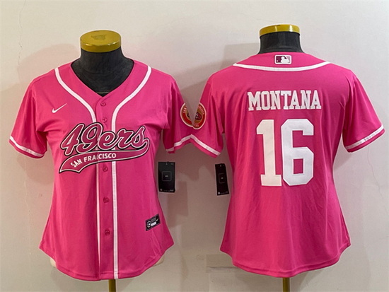 Women San Francisco 49ers 16 Joe Montana Pink With Patch Cool Base Stitched Baseball Jersey