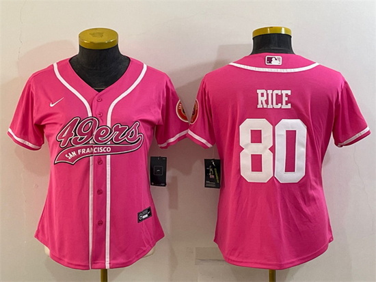 Women San Francisco 49ers 80 Jerry Rice Pink With Patch Cool Base Stitched Baseball Jersey