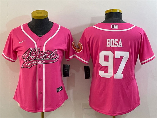 Women San Francisco 49ers 97 Nick Bosa Pink With Patch Cool Base Stitched Baseball Jersey