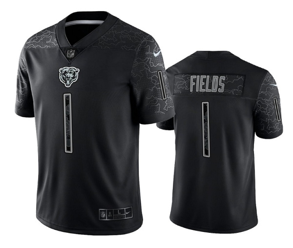 Men Chicago Bears 1 Justin Fields Black Reflective Limited Stitched Football Jersey