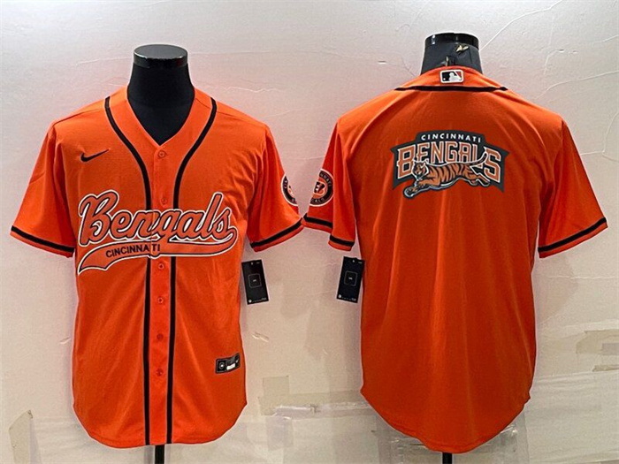 Men Cincinnati Bengals Orange Team Big Logo With Patch Cool Base Stitched Baseball Jersey