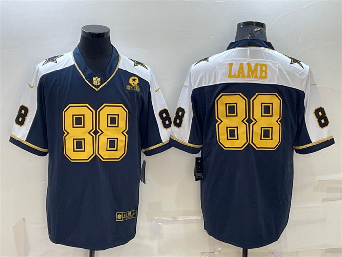 Men Dallas Cowboys 88 CeeDee Lamb Navy Gold Edition With 1960 Patch Limited Stitched Football Jersey