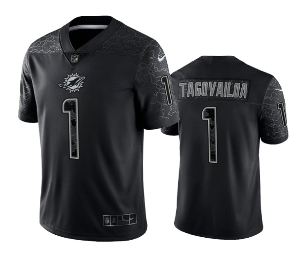 Men Miami Dolphins 1 Tua Tagovailoa Black Reflective Limited Stitched Football Jersey