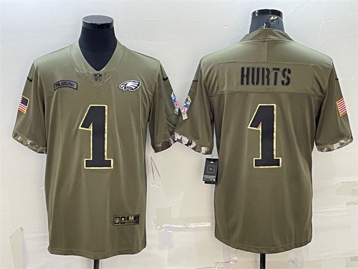 Men Philadelphia Eagles 1 Jalen Hurts Olive 2022 Salute To Service Limited Stitched Jersey