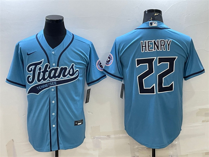 Men Tennessee Titans 22 Derrick Henry Blue With Patch Cool Base Stitched Baseball Jersey