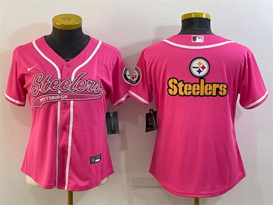 Women Pittsburgh Steelers Pink Team Big Logo With Patch Cool Base Stitched Baseball Jersey