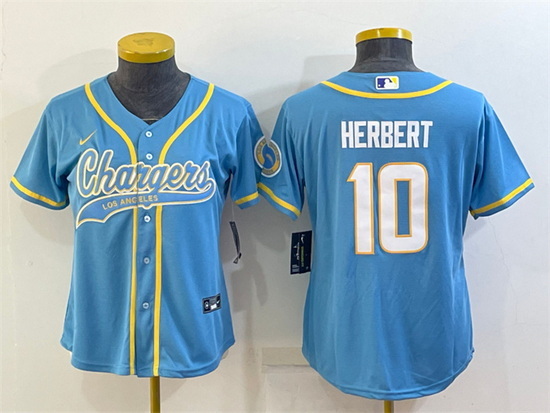 Women Los Angeles Chargers 10 Justin Herbert Blue With Patch Cool Base Stitched Baseball Jersey