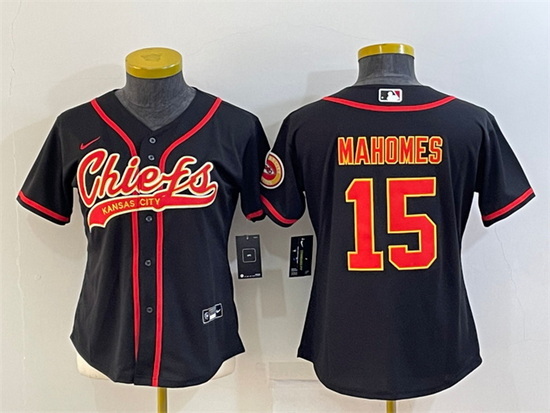 Women Kansas City Chiefs 15 Patrick Mahomes Black With Patch Cool Base Stitched Baseball Jersey