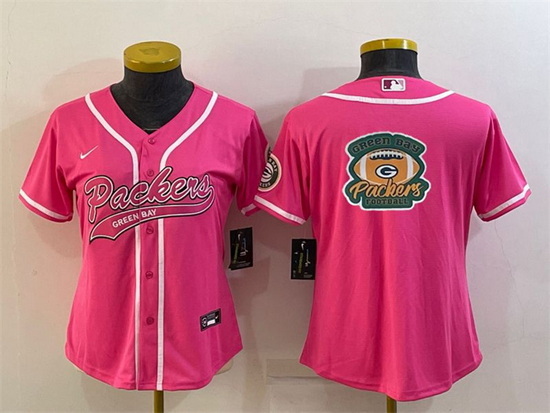 Women Green Bay Packers Pink Team Big Logo With Patch Cool Base Stitched Baseball Jersey