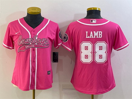 Women Dallas Cowboys 88 CeeDee Lamb Pink With Patch Cool Base Stitched Baseball Jersey