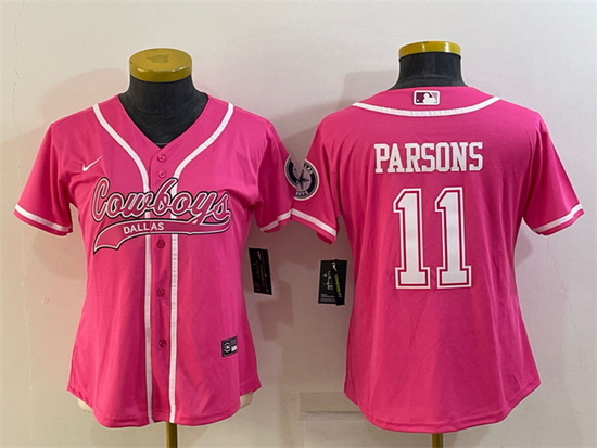 Women Dallas Cowboys 11 Micah Parsons Pink With Patch Cool Base Stitched Baseball Jersey