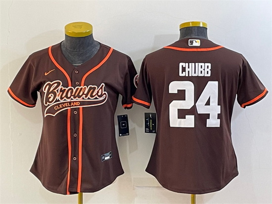 Women Cleveland Browns 24 Nick Chubb Brown With Patch Cool Base Stitched Baseball Jersey