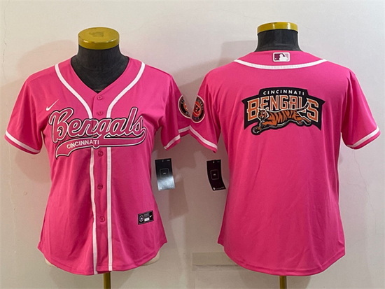 Women Cincinnati Bengals Pink Team Big Logo With Patch Cool Base Stitched Baseball Jersey