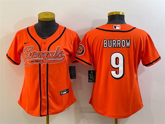 Women Cincinnati Bengals 9 Joe Burrow Orange With Patch Cool Base Stitched Baseball Jersey