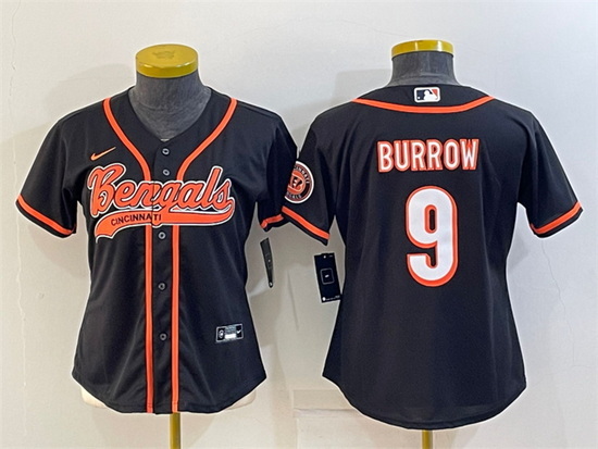 Women Cincinnati Bengals 9 Joe Burrow Black With Patch Cool Base Stitched Baseball Jersey