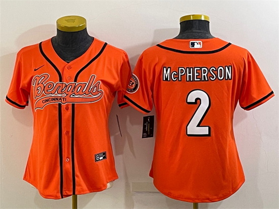 Women Cincinnati Bengals 2 Evan McPherson Orange With Patch Cool Base Stitched Baseball Jersey