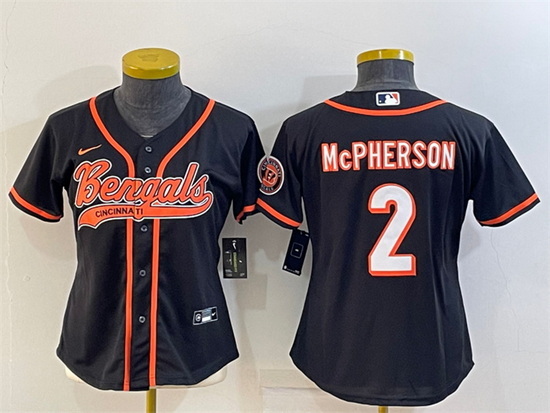 Women Cincinnati Bengals 2 Evan McPherson Black With Patch Cool Base Stitched Baseball Jersey