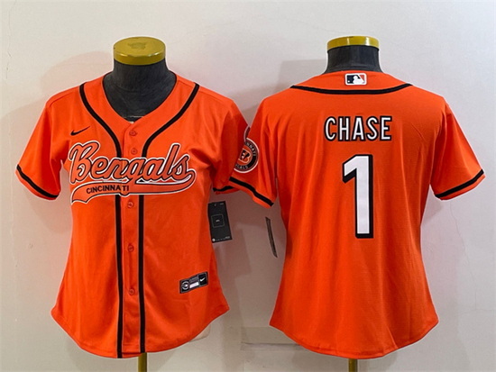 Women Cincinnati Bengals 1 Ja 27Marr Chase Orange With Patch Cool Base Stitched Baseball Jersey