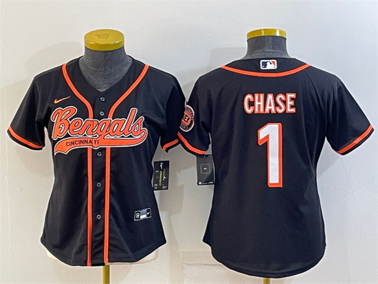 Women Cincinnati Bengals 1 Ja 27Marr Chase Black With Patch Cool Base Stitched Baseball Jersey