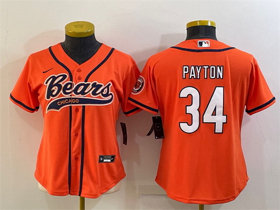 Women Chicago Bears 34 Walter Payton Orange With Patch Cool Base Stitched Baseball Jersey