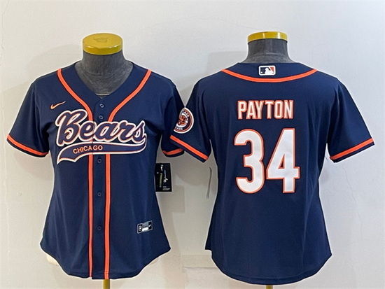 Women Chicago Bears 34 Walter Payton Navy With Patch Cool Base Stitched Baseball Jersey