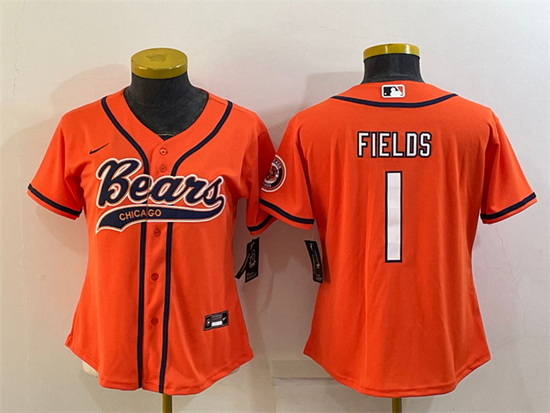 Women Chicago Bears 1 Justin Fields Orange With Patch Cool Base Stitched Baseball Jersey