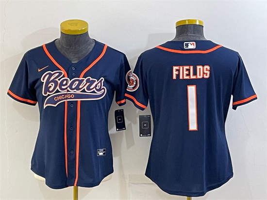 Women Chicago Bears 1 Justin Fields Navy With Patch Cool Base Stitched Baseball Jersey