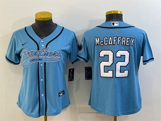 Women Carolina Panthers 22 Christian McCaffrey Blue With Patch Cool Base Stitched Baseball Jersey