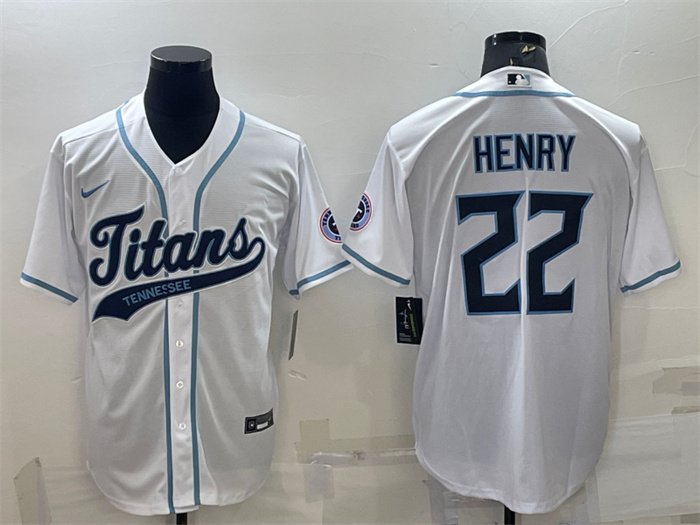 Men Tennessee Titans 22 Derrick Henry White With Patch Cool Base Stitched Baseball Jersey