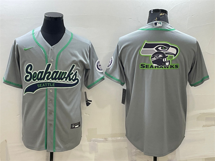 Men Seattle Seahawks Grey Team Big Logo With Patch Cool Base Stitched Baseball Jersey