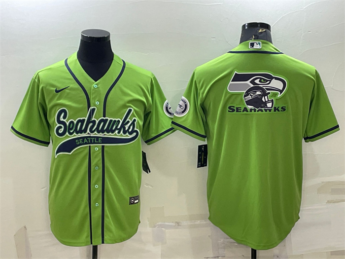 Men Seattle Seahawks Green Team Big Logo With Patch Cool Base Stitched Baseball Jersey