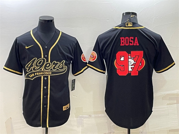 Men San Francisco 49ers 97 Nick Bosa Black Gold Team Big Logo With Patch Cool Base Stitched Baseball