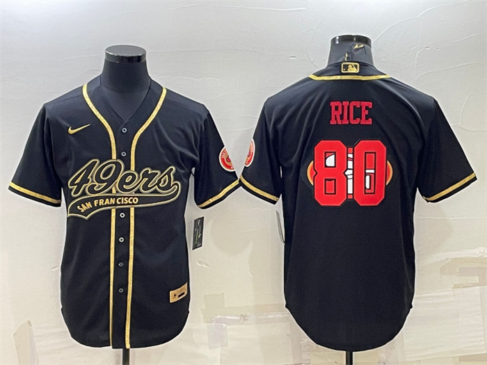 Men San Francisco 49ers 80 Jerry Rice Black Gold Team Big Logo With Patch Cool Base Stitched Basebal