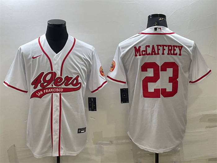 Men San Francisco 49ers 23 Christian McCaffrey White With Patch Cool Base Stitched Baseball Jersey