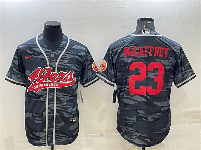 Men San Francisco 49ers 23 Christian McCaffrey Grey Red Camo With Patch Cool Base Stitched Baseball 