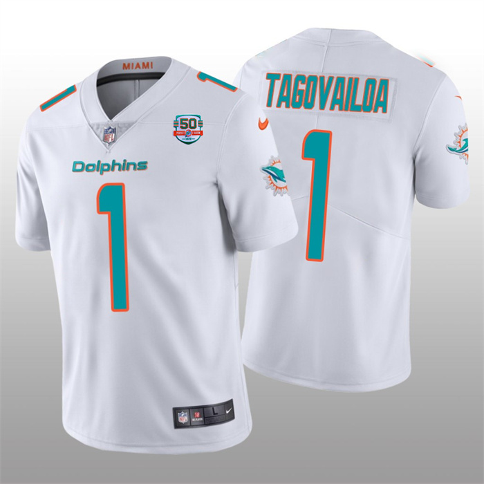 Men Miami Dolphins 1 Tua Tagovailoa 2022 White With With 50th Perfect Season Patch Limited Stitched 