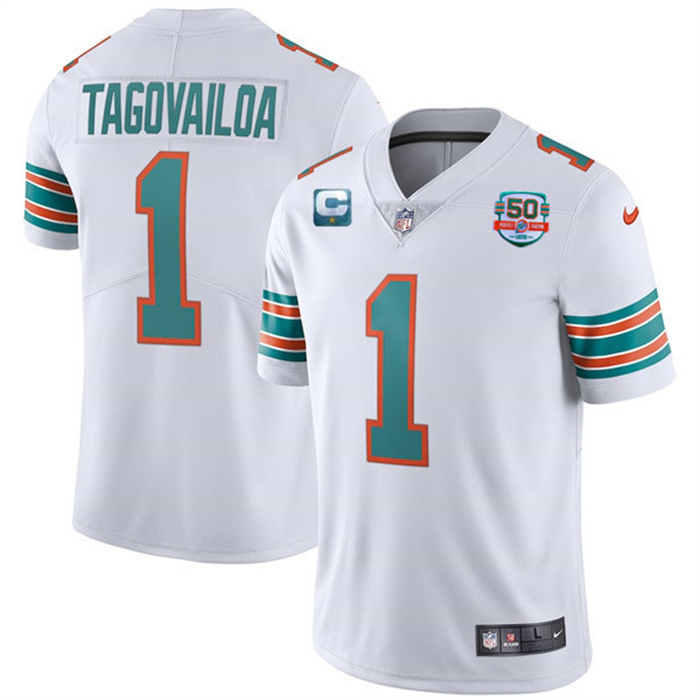 Men Miami Dolphins 1 Tua Tagovailoa 2022 Aqua With 50th Perfect Season C Patch Limited Stitched Jers