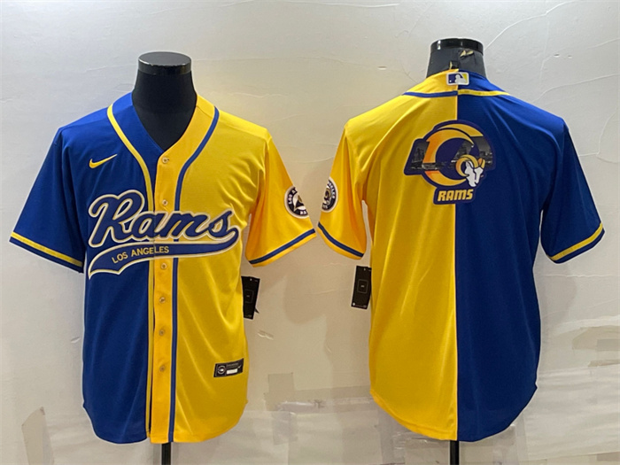 Men Los Angeles Rams Royal Yellow Split Team Big Logo With Patch Cool Base Stitched Baseball Jersey