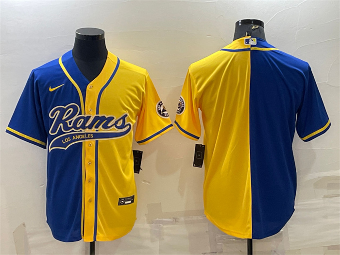 Men Los Angeles Rams Blank Royal Yellow Split With Patch Cool Base Stitched Baseball Jersey