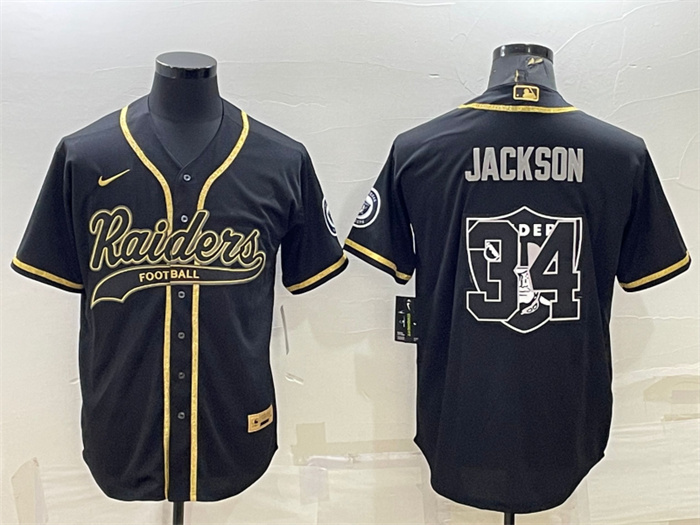 Men Las Vegas Raiders 34 Bo Jackson Black Gold Team Big Logo With Patch Cool Base Stitched Baseball 