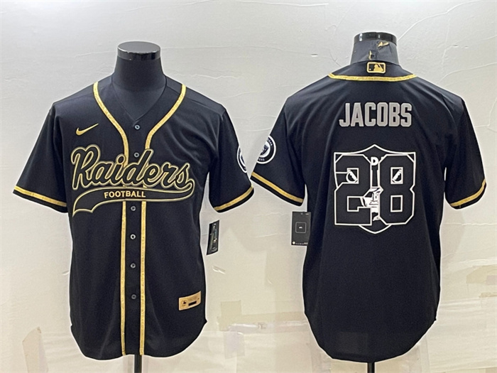 Men Las Vegas Raiders 28 Josh Jacobs Black Gold Team Big Logo With Patch Cool Base Stitched Baseball