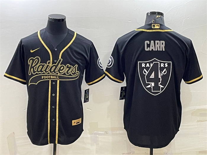 Men Las Vegas Raiders 4 Derek Carr Black Gold Team Big Logo With Patch Cool Base Stitched Baseball J