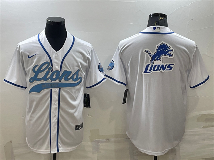 Men Detroit Lions White Team Big Logo With Patch Cool Base Stitched Baseball Jersey