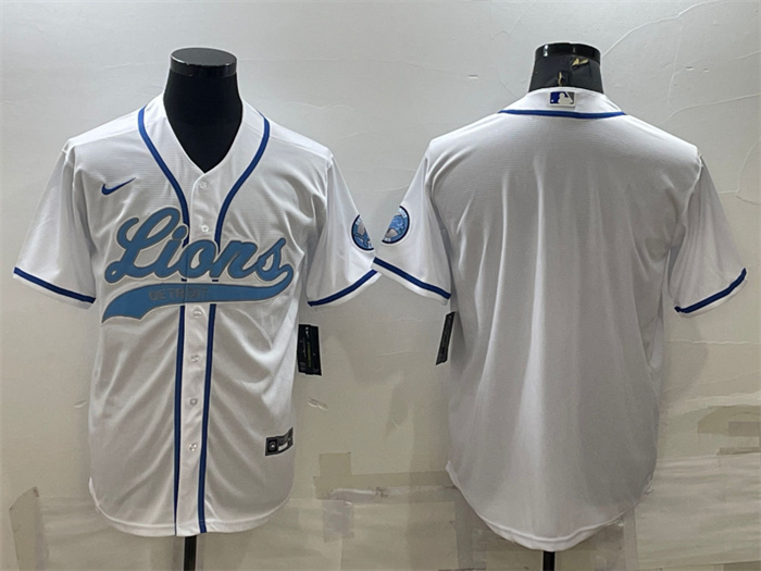 Men Detroit Lions Blank White With Patch Cool Base Stitched Baseball Jersey