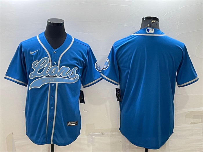 Men Detroit Lions Blank Blue With Patch Cool Base Stitched Baseball Jersey